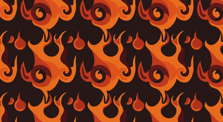 A repeating pattern of stylized orange flames with dark brown accents on a dark brown background