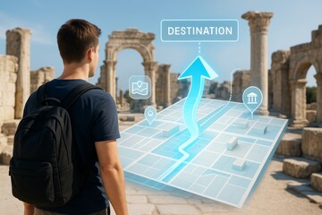 Young traveler exploring ancient ruins with futuristic digital navigation map display guiding toward a destination through augmented reality interface. Ai generative