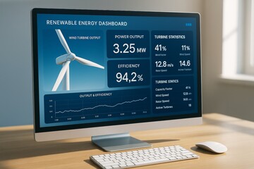 Computer screen displaying renewable energy dashboard with wind turbine data and statistics in modern office setting on wooden desk background. Ai generative