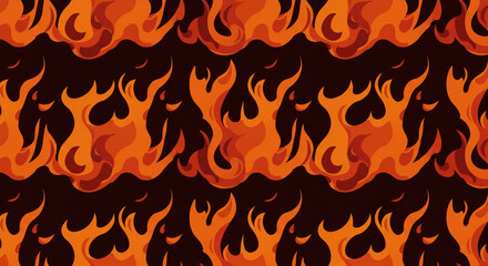 Repeating pattern of stylized orange and red flames against a dark brown background design element