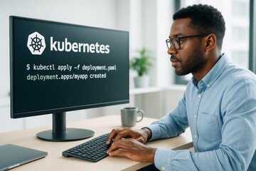 Focused software developer in modern office working on Kubernetes deployment on desktop computer screen with light background and creative setup. Ai generative