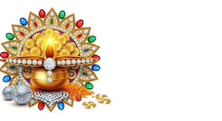"Happy Dhanteras Golden Pot with Jewels and Coins"