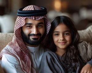 A happy man and young girl smiling together in traditional attire reflecting a warm and loving family bond in a cozy indoor setting
