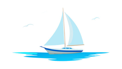 Sailboat sailing on blue water with seagulls ocean