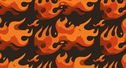 A seamless pattern featuring stylized orange and red flames against a dark brown background design element