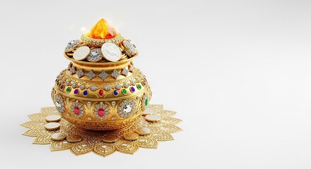 "Happy Dhanteras Golden Pot with Jewels and Coins"