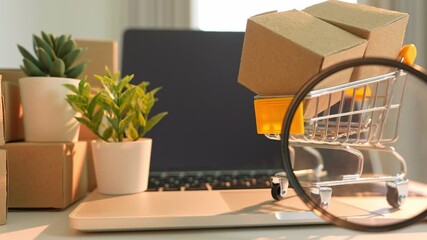 Examining items in a shopping cart with a magnifier near a laptop illustrates digital retail, research before purchase, detail-oriented shopping, consumer rights, selection, and tech-driven commerce.
