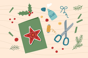 Handmade Christmas card with red star. Sustainable Christmas concept. Eco friendly Christmas gift. Handmade decoration. Vector flat background.