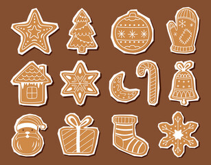 Set of Christmas gingerbread cookies isolated on brown. Christmas objects. Vector flat cliparts.
