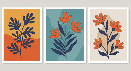 Three framed floral art prints with orange flowers and blue leaves on colored backgrounds hang on wall