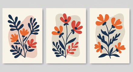 Three framed floral illustrations with orange and red flowers and dark blue leaves on beige background