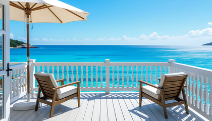 Wooden seaside balcony featuring two comfortable chairs with sun umbrella, facing towards the serene blue ocean against fresh blue sky 