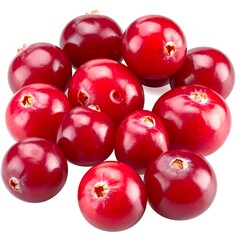 Close-up view of a cluster of vibrant red cranberries, showcasing their glossy surfaces and small, light-brown centers against a pure white background.