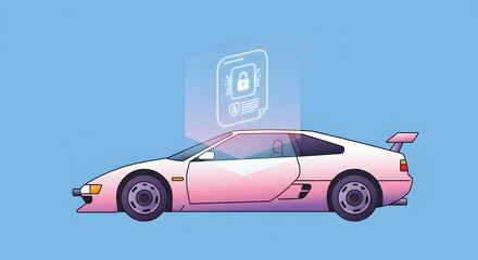 Futuristic Car Security Visualization with Modern Vehicle and Floating Interface of Cybersecurity Technology Against Blue Background.