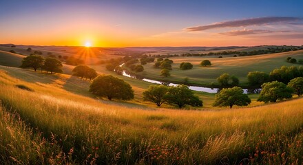 Golden Hour Valley Landscape with River.