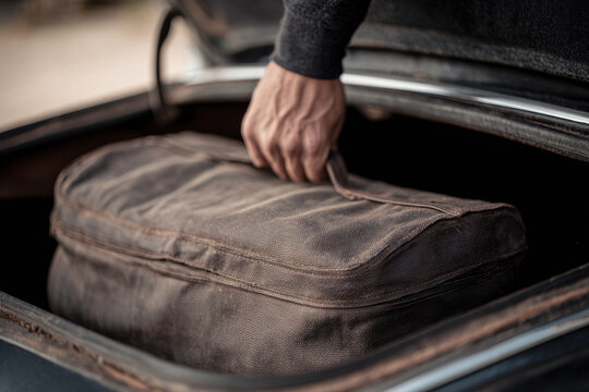 Fototapeta Person placing compact suitcase into vintage car trunk
