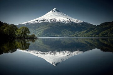 Fototapeta premium Majestic snow-capped peak reflected in a tranquil lake, surrounded by lush green hills