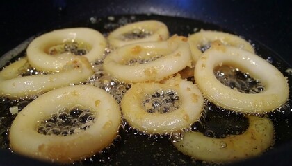 Golden rings of battered squid, delicately frying in hot oil, display a delicious culinary preparation.