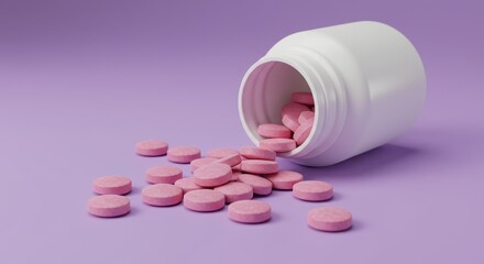 Pink Round Tablets Spilled from White Bottle on Purple Background with Soft Lighting