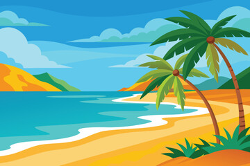 Tropical beach scene featuring palm trees swaying beside a vibrant blue sea under a clear sky