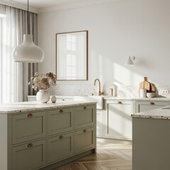 Mockup poster frame in elegant minimalist kitchen interior with sage green cabinets, terrazzo surfaces, brass fixtures, and natural light