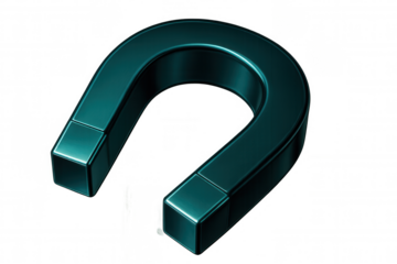 Teal horseshoe magnet floating against transparent backdrop, highlighting magnetic properties and metallic design with clean, modern aesthetic