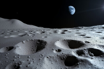 Moon surface with craters and Earth visible in the background  