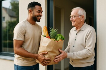 Young man delivering groceries to smiling elderly man at home entrance, both wearing beige tops, warm outdoor background, kindness concept. Ai generative