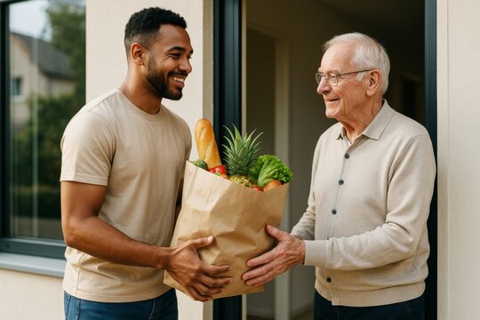 Young man delivering groceries to smiling elderly man at home entrance, both wearing beige tops, warm outdoor background, kindness concept. Ai generative