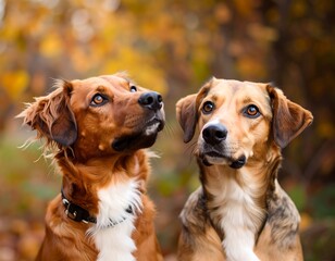 Two attentive dogs, with expressive eyes, look upwards in an autumnal setting.