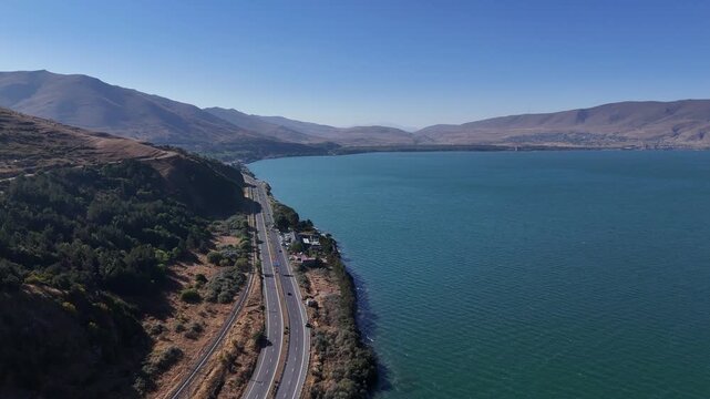 Aerial View of Lake Sevan Armenia &ndash; Mountains, Waves, and Peninsula