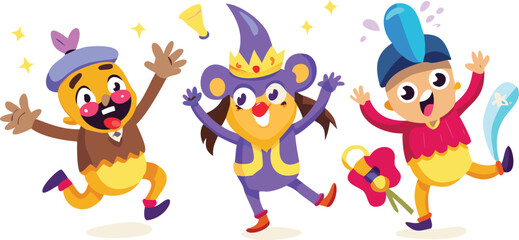 Naklejka premium Cartoon circus scene featuring colorful clowns and a magician performing tricks under a big top tent