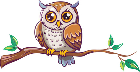 Cartoon owl perched on a branch surrounded by green leaves, with a whimsical expression and large, round eyes.