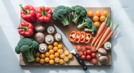 Assortment of Fresh Vegetables on Cutting Board.