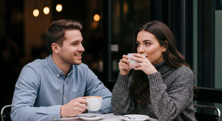 Young attractive couple drinking coffee and smiling while sitting at an outdoor table in a city cafe