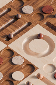 Geometric 3D interface render with marbles on wooden abstract surface