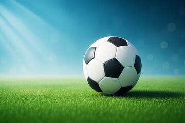 Fototapeta premium Soccer ball on green grass field under soft sunlight with dreamy bokeh background, symbolizing active lifestyle and sports concept.