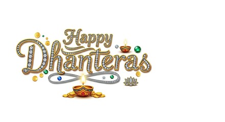 "Luxury Happy Dhanteras Text Design with Diamonds and Lamp"