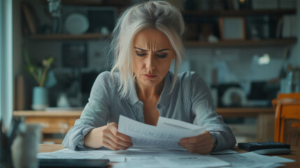 Woman looking at papers with a concerned expression