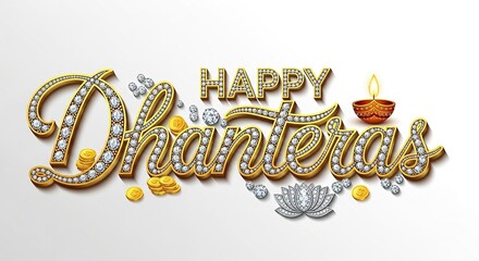 "Luxury Happy Dhanteras Text Design with Diamonds and Lamp"