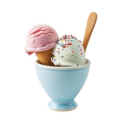 Two scoops of ice cream, one pink and one light green, in a light blue dish, topped with sprinkles. A wooden spoon rests on top