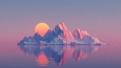 Low polygonal ice mountain reflected in calm water at sunset