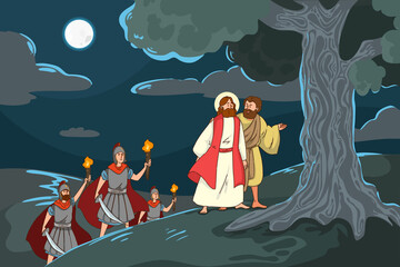 Obraz premium Biblical Scene Depiction The Dramatic Night of Betrayal Featuring Guards and Jesus in the Garden