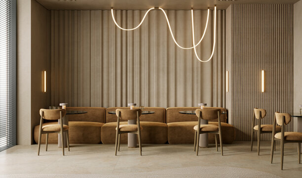Modern beige cafe interior with stylish tables and chairs