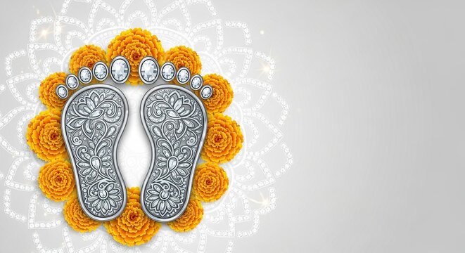"Lakshmi Charan Paduka Rangoli with Flowers and Diamonds for Dhanteras Diwali",