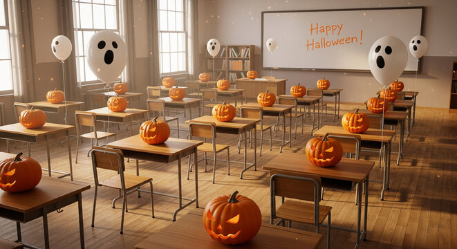 Classroom decorated with pumpkins and ghost balloons, festive Halloween school concept