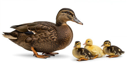 Obraz premium Female duck with three ducklings standing on white background 
