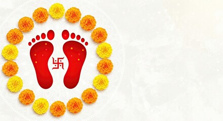 "Lakshmi Charan Paduka Rangoli with Flowers and Diamonds for Dhanteras Diwali",