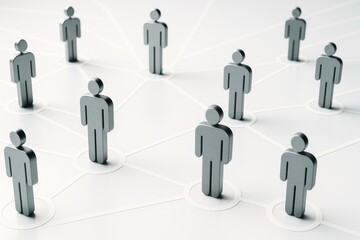Abstract network of human figures connected by lines on light background symbolizing digital social communication and technology concept.