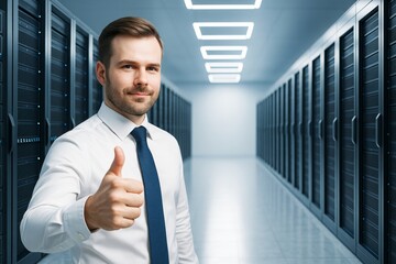 Confident IT professional giving thumbs up in modern server room with bright lights and high-tech background, symbolizing secure technology environment.
